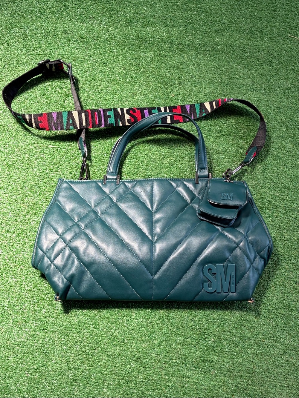 Steve Madden Teal Quilted Top-Handle Shoulder Bag with Logo Charm